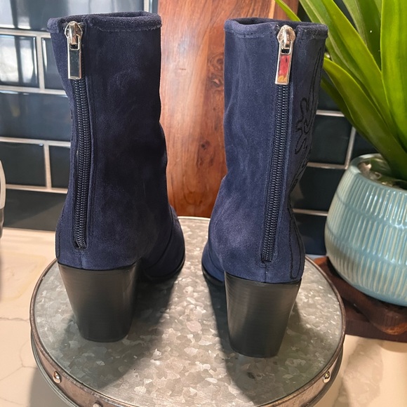 Rebel | Avery Blue Suede Embroidered Ankle Snip Toe Boots - Picture 7 of 10